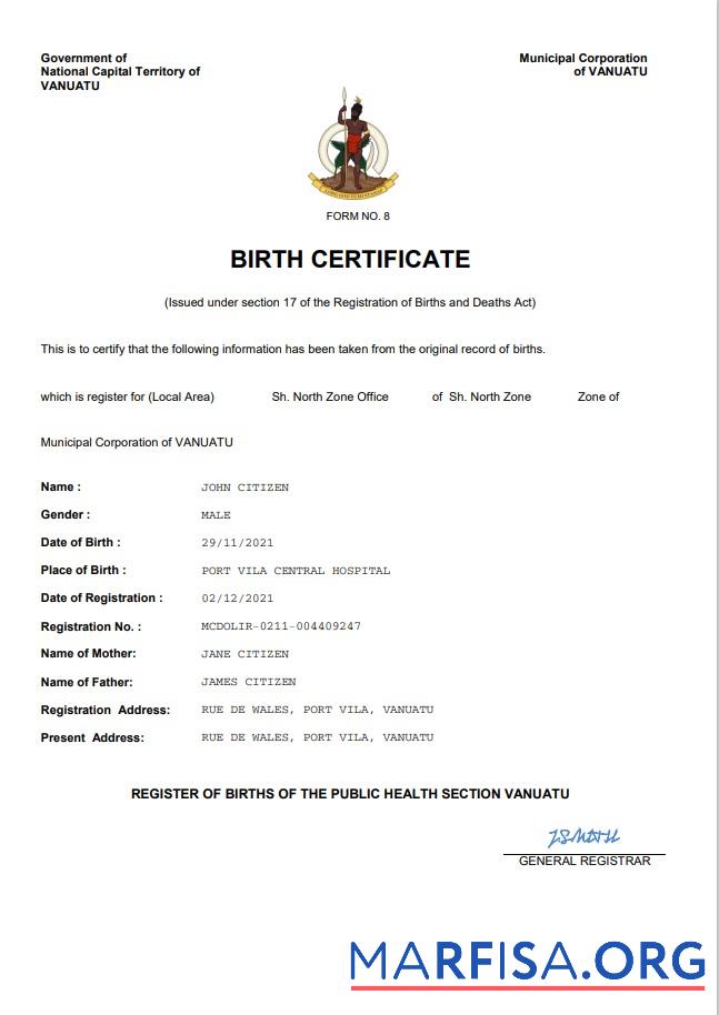 Downloadable Vanuatu birth certificate Word and PDF template